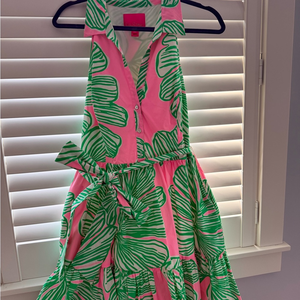 Lilly Pulitzer Sleeveless Pink & Green Leaf Print Sundress